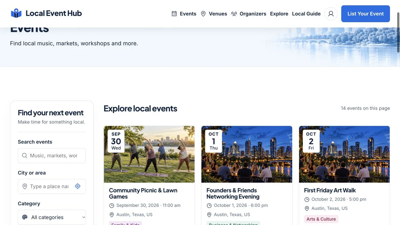 Use search, location and dates to find a suitable event.